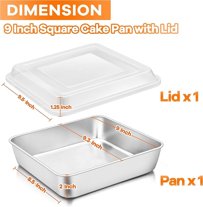 TeamFar 9 x 9 Baking Pan, Square Cake Pan with Lid - 1 Pan + 1 Lid | Stainless Steel for Baking Cooking Brownie Lasagna, Portable for Home Outdoor Camping, Non-Toxic & Dishwasher Safe