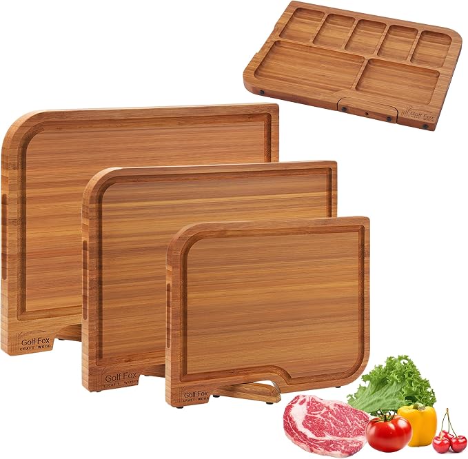 Golffox Wood Cutting Board Set, Bamboo Chopping & Charcuterie for Kitchen | Non Toxic Carbonized Bamboo Cutting Board with Stand, Built-in Handles, Deep Juice Grooves, for Meat, Vegetables & Fruits