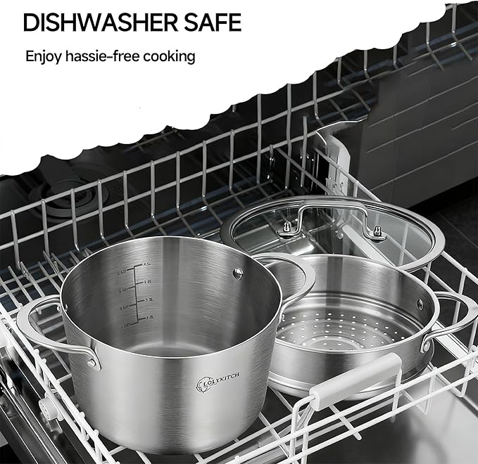 LOLYKITCH 5-Quart Tri-Ply Stainless Steel Steamer Pot with Glass Lid | Steaming Pot for Cooking | 2 Tier Induction Steamer Pot for Tamales Seafood Vegetables Dumplings | Stock Pot | Thick