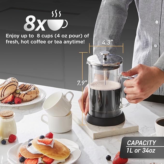 Elite Gourmet FP1223 French Press Coffee Maker, 1-Liter Glass Carafe | Double-wall insulated borosilicate glass, dishwasher-safe steel filter/plunger, removable silicone base - easy to clean