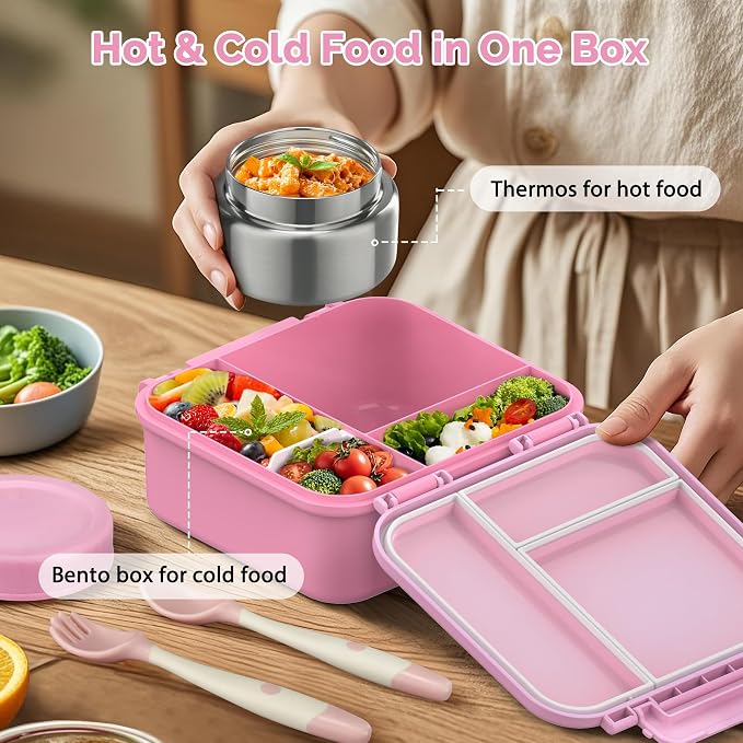 Kids Bento Lunch Box with Soup Thermo (9oz)– Hot & Cold Lunch Container with Leak Proof Insulated Food Jar for School Girls Boys, Ideal Size for Ages 3 to 7, Pink
