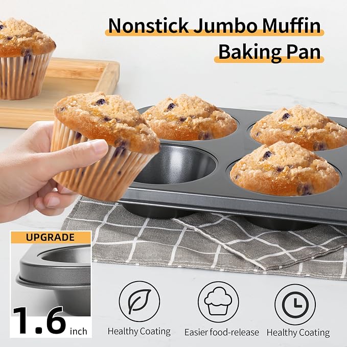 Jumbo Muffin Pan 6-Cups Cupcake Pan, Premium Large Muffin Tin for Baking, Non-Stick and Thickened Carbon Steel Jumbo Cupcake