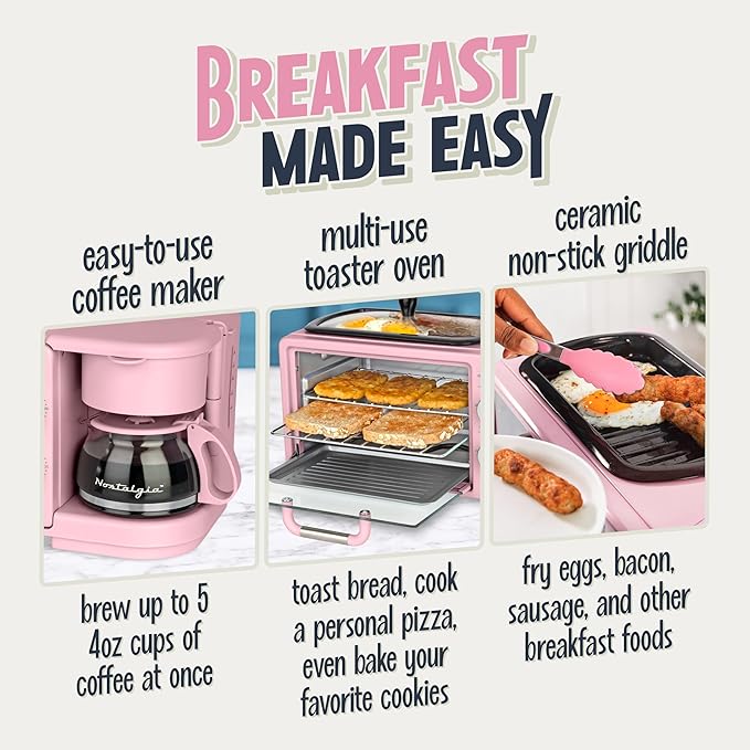 Nostalgia 3-in-1 Retro Breakfast Station - Includes 5 (4 Oz) Cup Coffee Maker, Non-Stick Ceramic Griddle, and 4-Slice Toaster Oven - Built-In Timer, Reusable Coffee Filter, Space-Saving Design - Pink