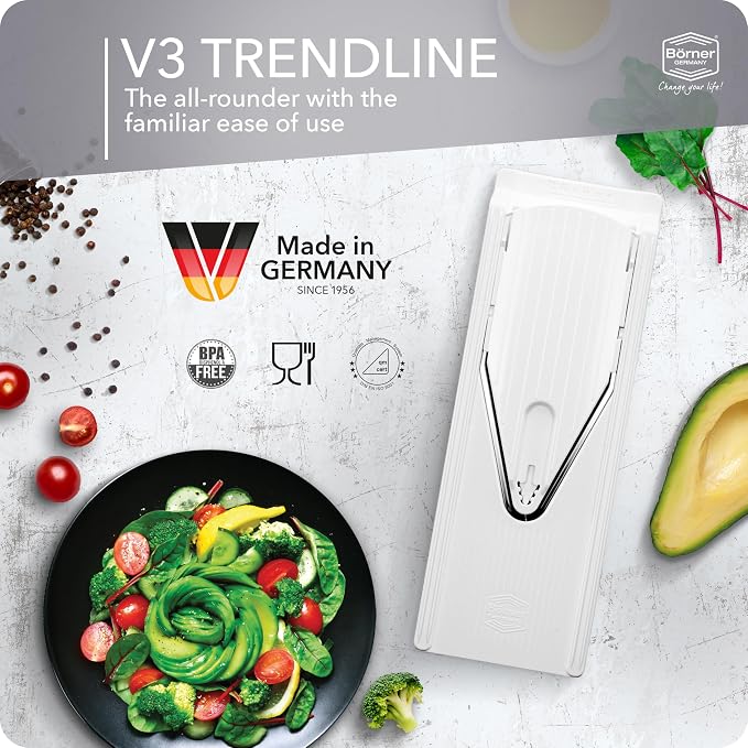 Mandoline Food Slicer Börner V3 (Basic Set) by Reston Lloyd • V-Slicer with Food Holder • Made in Germany • Fruit & Vegetable Chopper • Multiple Settings • Color: White