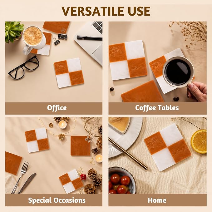 Folkulture Cute Fall Coasters, Set of 4, Non Slip, Easy to Clean - 4 Inch | Waterproof Drink Coaster for Fall Decorations, Boho, Coaster for Farmhouse, Checkered Rust, Coffee Table