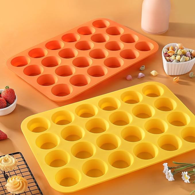 2PCS Silicone Mini Muffin Cupcake Pan, Kaloo Nonstick 24 Cups Silicone Muffin Pans for Baking, Great for Muffin, Cakes, Tart, Bread, Dishwasher Safe (Stylish Orange + Yellow, 24 Cups Each)