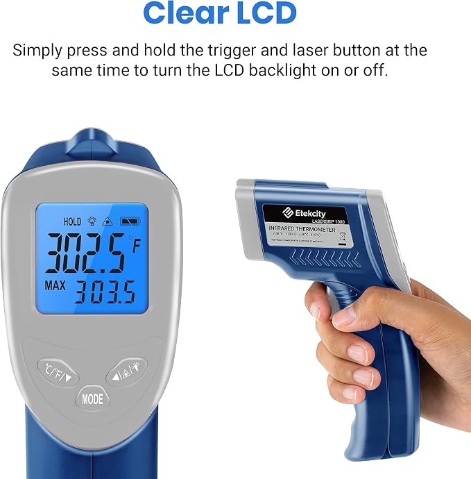 Etekcity Infrared Thermometer Laser Temperature Gun, -58°F~1130°F, Blue | Cooking, Pizza Oven, BBQ, Meat, Kitchen, Reptile, HVAC, Adjustable Emissivity, MAX Display, High Temperature