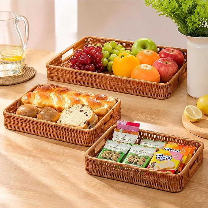 3PCS Hand-Woven 16“ Rattan Rectangular Serving Tray with Handles – Wicker Tray for Coffee Table Decor, Breakfast Basket, Drinks, Fruit, Snacks Organizer, Ottoman & Kitchen Counter Outdoor