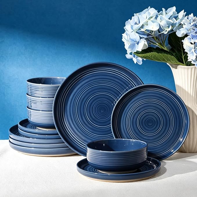Dinnerware Set for 4, Ceramic Plates & Bowls, Abyssal Blue | 12-Piece Ceramic Speckled Spiral Dishes, Chip & Scratch Resistant, Microwave & Dishwasher Safe, Everyday Use, Farmhouse Style