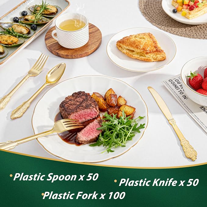 200 Pieces Gold Plastic Silverware Disposable - 50 Guests Heavy Duty Thanksgiving Gold Plastic Cutlery - Disposable Utensils Includes 100 Forks, 50 Spoons, 50 Knives Perfect for Party/Weeding