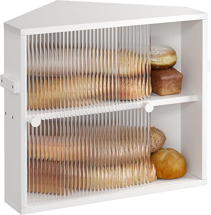 Corner Bread Box with Sliding Acrylic Doors, Double Layer Bread Bin | Bread Box for Kitchen Countertop, Bamboo Bread Storage Container, Large Capacity Vintage Farmhouse, White, Meduim