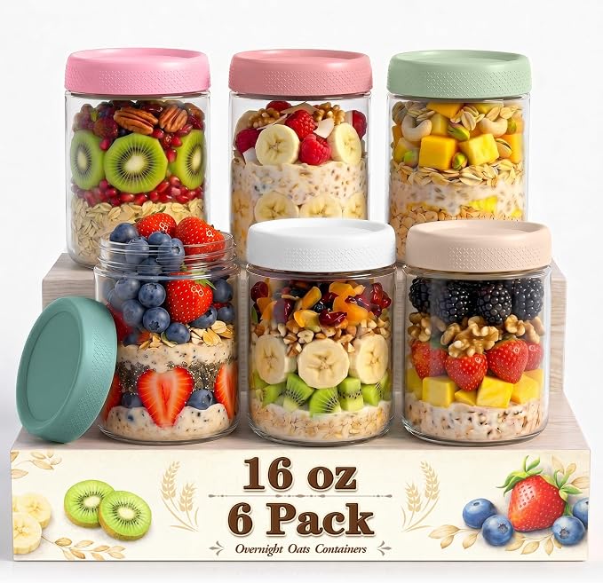 Mason Jars 16 oz with Lids, Glass Jars with Airtight Lid, Wide Mouth Jar | 6 Pack Yogurt Containers, Glass Food Containers with Airtight Lids for Storage, Yogurt Bowls, Meal Prep, Chia Pudding, Nut