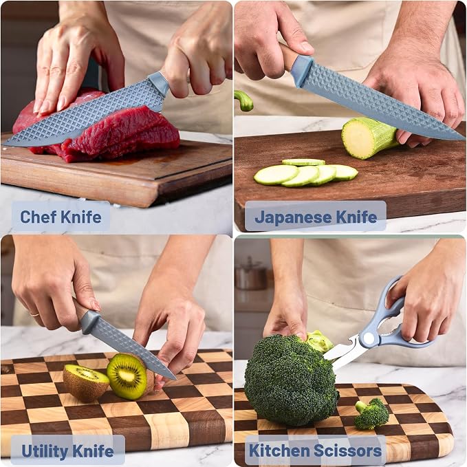 Kitchen Knife Set, Retrosohoo 6-Pieces Blue Sharp Knife Set for Kitchen, Non-stick Non-slip Stainless Steel Chef Knife Set with Universal Knife Block Suitable for Home Restaurant (Dusty Blue)