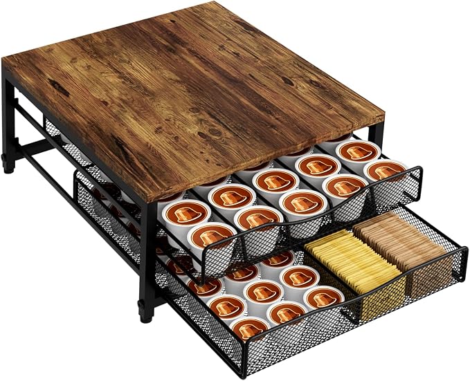 VyGrow Coffee Pod Holder For Counter, Wooden K Cup Holder with Double Layer Sliding Drawer, Large Capacity Coffee Pod Storage for Coffee Station, Home, Office, Kitchen