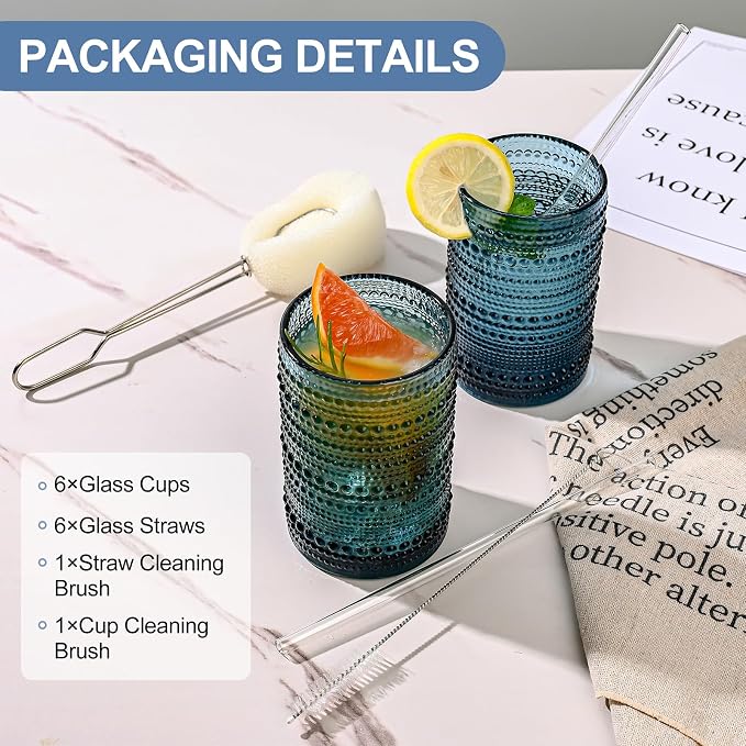 ZMOWIPDL Drinking Glasses Set of 6,15 oz Blue Hobnail Glass Cups | Vintage Glassware，Embossed Water Tumbler,for Beer,Cocktail,Whiskey,Juice and Various Mixed Drinks- 1 Cleaning Brush