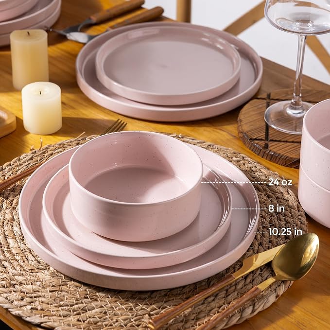 AmorArc Stoneware Dinnerware Sets for 4,12Pcs Plates and Bowls Set | Handmade Ceramic Dish Set,Dishwasher & Microwave Safe,Scratch Resistant-Pink