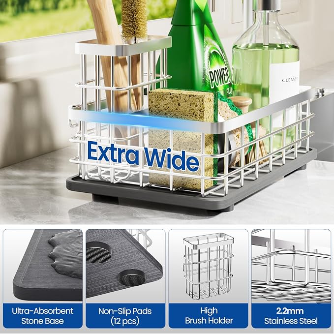 Kitchen Sink Caddy Organizer with Sponge & Brush Holder, Stone Drying Mat | Extra-Large Kitchen Countertop Organizer, Stainless Steel Kitchen Sink Accessories with Quick-Dry Soap Tray for Fewer Stains