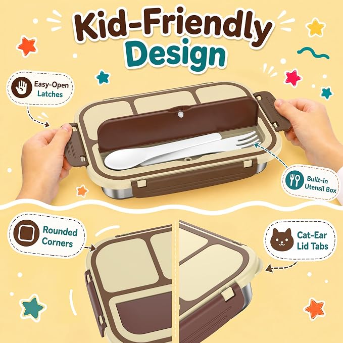 Stainless Steel Bento Lunch Box for Kids Adult, Metal Lunch Box Containers for Boys Girls School, 4 Compartment Leak Proof Lunch Containers with Sauce Cup, Fork and Spoon & Fruit Picks, Brown