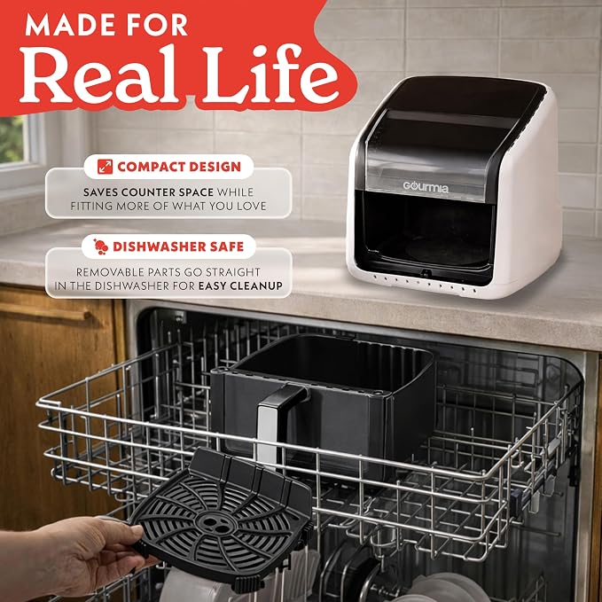 Gourmia Air Fryer 7 QT - Easy View Panorama Window & Interior Light, Guided Cooking with 12 One-Touch Presets, FryForce 360, Dishwasher Safe Accessories, White