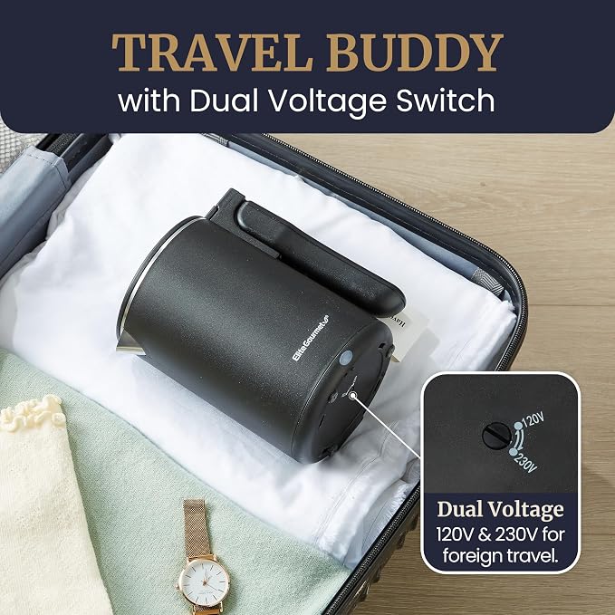 Elite Gourmet Dual-Voltage Travel Kettle, 0.6L Stainless Steel, Black | 120-230V, Cool-Touch Double Wall Insulated, Hinged-Locking Lid, Auto Shut-Off & Boil-Dry Protection