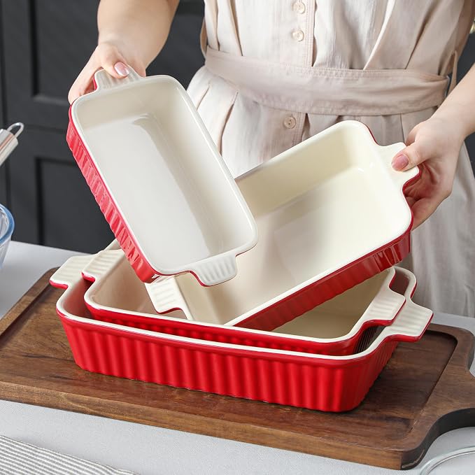 MALACASA Ceramic Casserole Baking Dishes Set of 4, Red with Handles | Rectangular Lasagna Pan Bakeware for Roasting Vegetable, Cake, Housewarming Gift, Oven Dishwasher Safe 9.4/11.1/12.2/14.7"