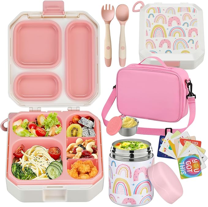 wiwens Bento Lunch Box for Kids with 12oz Soup Thermo Leak-Proof Lunch Food Container with 5 Compartment Thermo Hot Food Jar and Insulated Lunch Bag for Kid Toddler Girls Boys to School