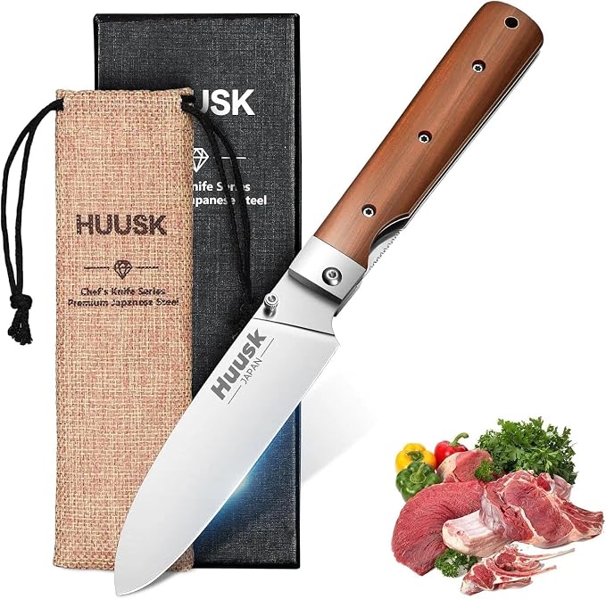 Huusk Folding Chef Pocket Knife-Japanese Santoku Knive, edc Kitchen Knives | 440C Stainless Steel, Ultra Sharp Blade, Wooden Handle, Gift Box, Portable Meat Knives for Vegetable