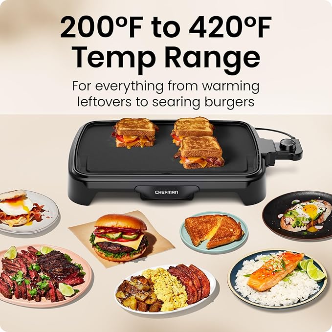 Chefman Electric Griddle with Removable Temperature Control, Immersible Flat Top Grill, Burger, Eggs, Pancake Griddle, Nonstick Easy Clean Cooking Surface, Slide Out Drip Tray, 10 x 16 Inch
