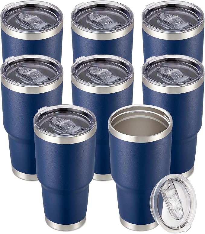 30 oz Tumbler with Lid Stainless Steel Tumblers Bulk, 8 Pack | Vacuum Insulated Cup, Leak Proof Lid, Powder Coated Travel Mug, Double Wall, Keep Cold Drinks for 12 Hours, Navy