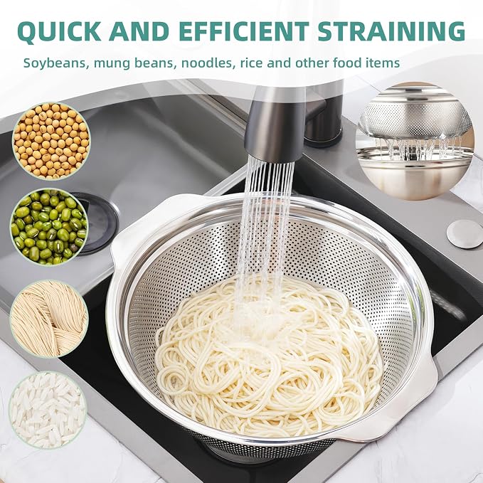 Stainless Steel Colander for Kitchen 2-Quart, Strainer Microporous with Mixing Bowl, Rice Strainer for Washing Vegetables, Fruit and Draining Cooked Pasta, Dishwasher Safe