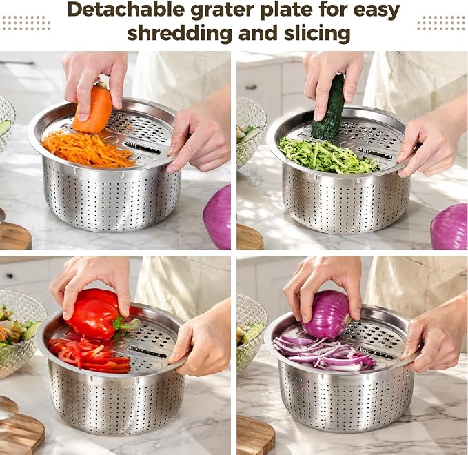 6L Stainless Steel Salad Spinner Set with Grater and Food Clip | Metal Salad Spinner, Fruit Vegetable Dryer with Built-in Drain Spout for Dehydrating Fruit and Vegetable, Pasta