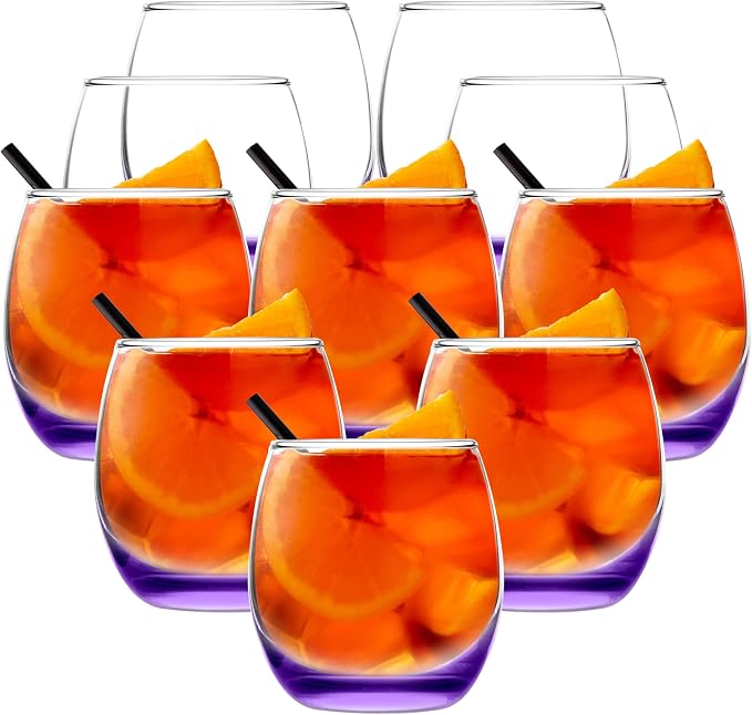 DISCOUNT PROMOS Mikonos Stemless Wine Glasses 11.5 oz. Set of 10, Bulk Pack - Restaurant Glassware, Perfect for Red Wine, White Wine, Cocktails - Purple Bottom Color