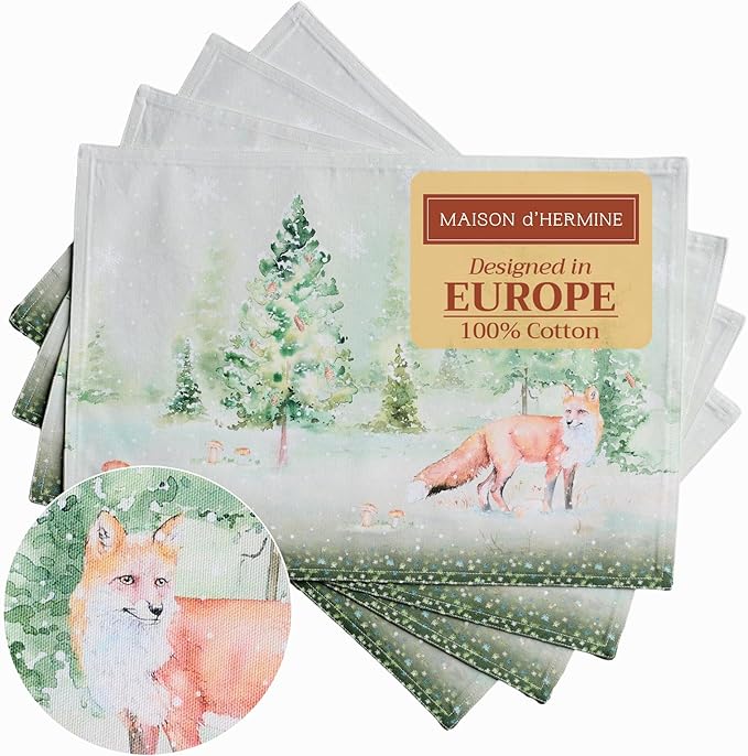 Maison d' Hermine Placemats Set of 4 Reusable 100% Cotton (13"x19") | Cloth Place Mats Washable Table Mats for Kitchen Dining Party Wedding Hotel Home Thanksgiving Christmas - Winter Mornings