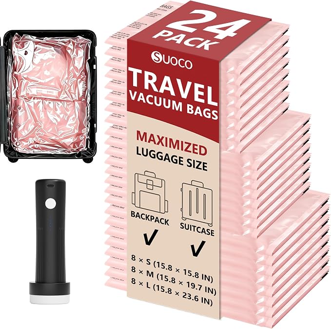 Travel Vacuum Bags for Clothing with Rechargeable Pump 24 Combo, Pink | Compression Packing Cubes Organizer Storage for Luggage Suitcase, Space Saver Seal Bags for Vacation Cruise