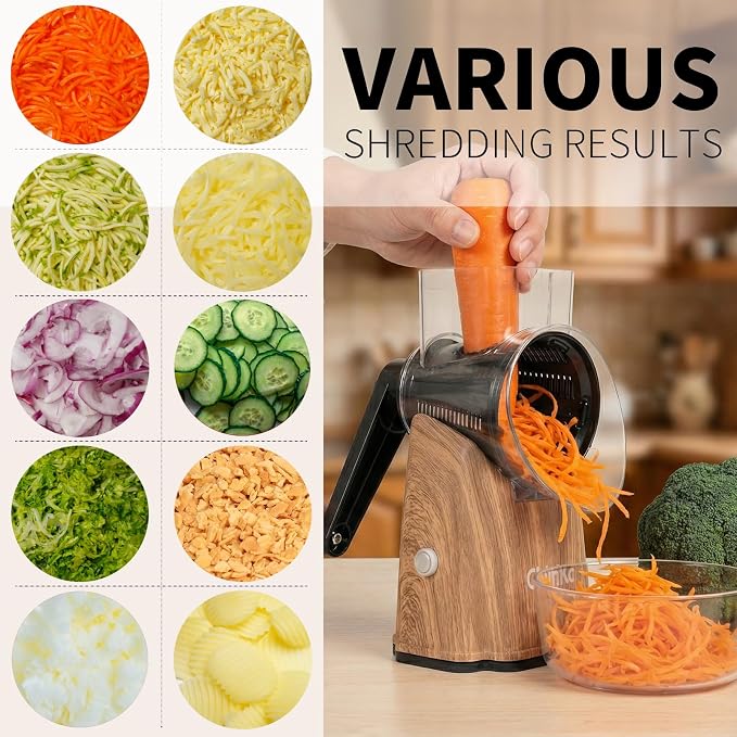 Upgrade Rotary Cheese Grater Shredder with Handle, Strong Suction Base, Multi-purpose Rotary Grater Slicer with 5 Interchangeable Blades for Ice, Vegetables, Fruit, Nuts with Blade Storage Box