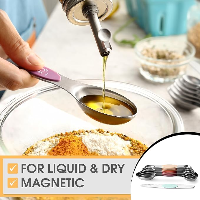 Spring Chef Stainless Steel 8 Magnetic Measuring Spoons Set, Desert Sunset | Dual Sided Metal Teaspoon & Tablespoon Measuring Spoons with Leveler for Dry & Liquid Ingredients, Fits in Kitchen Spice Jars