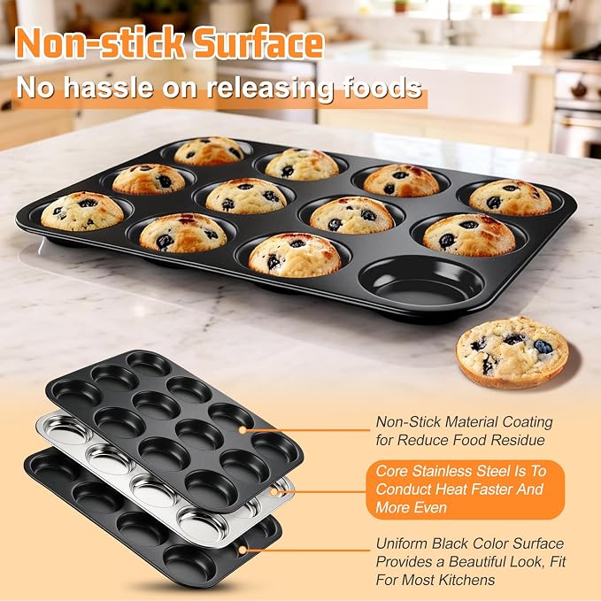P&P CHEF 12-Cup Muffin Top Pan, Cupcake Pan with Shallow Side, 2PC & Black | Stainless Steel Muffin Pan Cupcake Tin for Whoopie, Yorkshire Pudding, Egg Bite, Cupcake, Non-toxic & Easy Clean