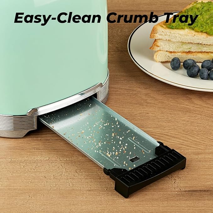 Toaster 2 Slice Retro Stainless Steel, Aqua Green | 1.5” Extra Wide Slots with Bagel, Defrost, Reheat, Cancel Functions, 6 Bread Shade Settings, Removable Crumb Tray