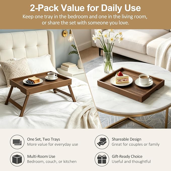 Bamboo Breakfast Trays with Folding Legs, Large, 2-Pack, Walnut | Set of 2 large bamboo bed trays with folding legs and wave handles for meals, laptops and serving in bed.