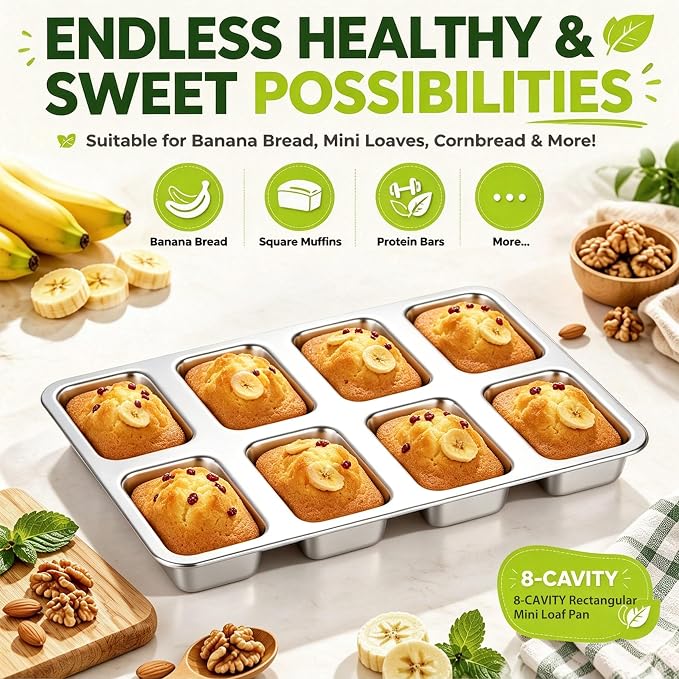 P&P CHEF 8 Cavities Mini Loaf Pans, Loaf Bread Pan for Baking Bread,1 Pc | Mini Bread Pans Tins for Even Baking, Healthy & Non Toxic, Oven Safe & Dishwasher Safe , For Bread Meatloaf Cake Brownies