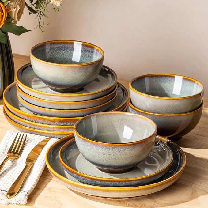 Ceramic Dinnerware Set for 4, 12-Piece Plates and Bowls Set | Handmade Reactive Glaze Dish Set, Scratch Resistant, Oven & Microwave & Dishwasher Safe, Dusk Blue