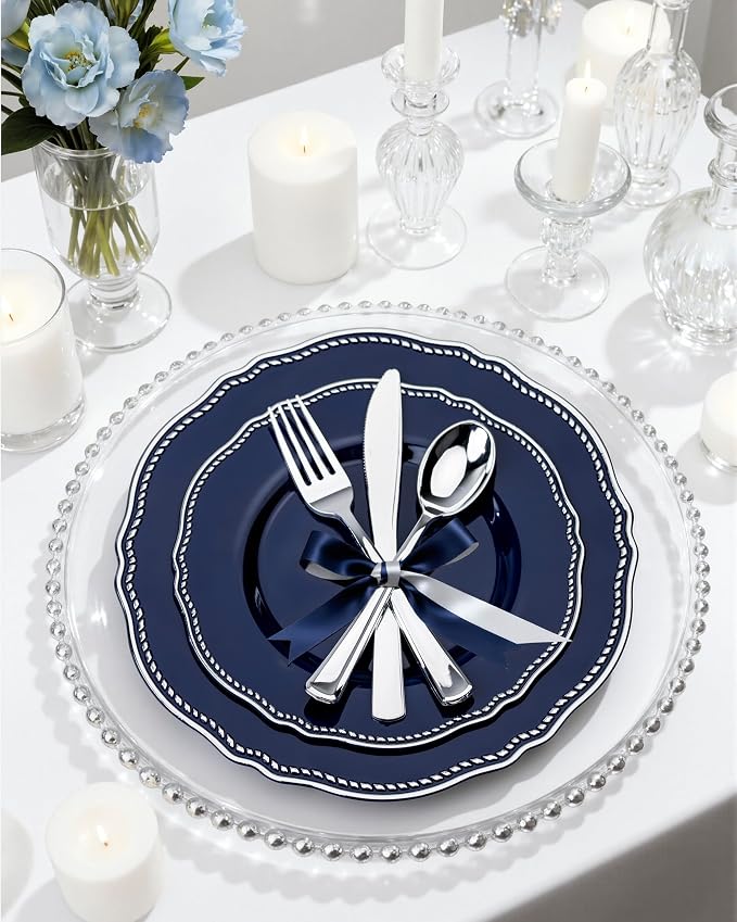 350 Pcs Blue Silver Plastic Plates Wedding & Party | Silver Plastic Dinnerware Set Includes 50 Dinner Plates, 50 Dessert Dinnerware, 50 Cups, 50 Napkins