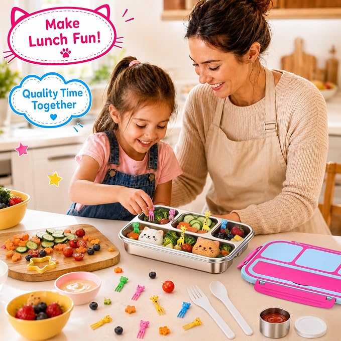 Stainless Steel Bento Lunch Box for Kids Adult, Metal Lunch Box Containers for Boys Girls School, 4 Compartment Leak Proof Lunch Containers with Sauce Cup, Fork and Spoon & Fruit Picks, Pink blue