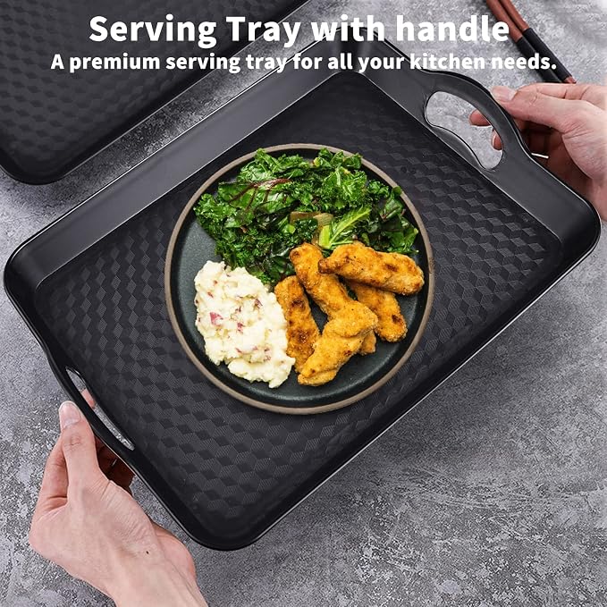 Plastic Tray with Handles, 2 Pack Multi-Purpose Rectangular Non Slip Restaurant Serving Trays Set for Parties, Coffee Table, Kitchen(9.5x14.6 inch) | Non-Slip Surface, Raised Edges, Lightweight Build, Easy Carrying, Restaurant, Coffee Table and Party Use