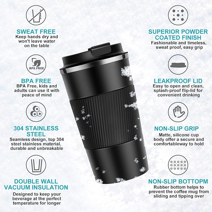 YINJOYI 12oz Travel Coffee Cups Insulated Tumbler Thermal Mug to Go with Lid Leak Proof Reusable Stainless Steel Coffee Mug Spill Proof for Hot and Iced Cold Drinks (Black, 380ml)