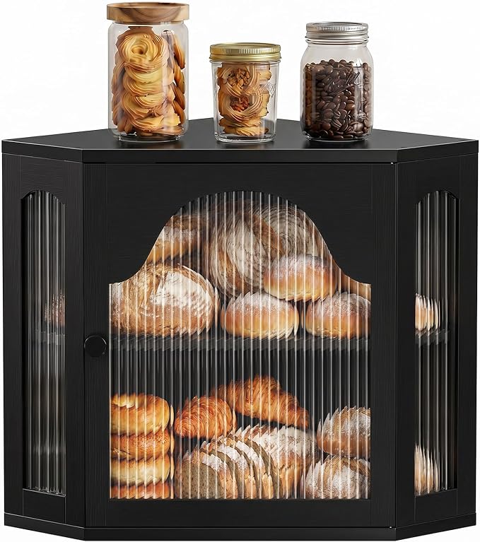 2-Tier Corner Bread Box for Kitchen Countertop with Acrylic Wavy Door Panel | Bread Storage for Homemade Bread, Large Bamboo Vintage Farmhouse Bread Bin, Cabinet Cupboard Pantry, Black, Meduim