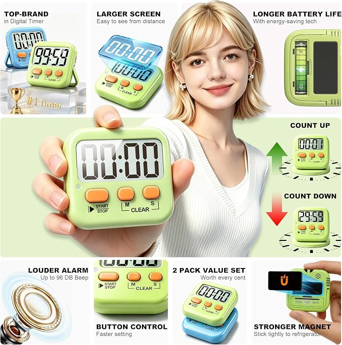 2 Pack Digital Timer for Kids Classroom Kitchen Timers for Cooking | w/ Battery, Easy to View, Alarm, Mute Mode, Count Down/Up, Magnetic, Kickstand, Hanging, Classroom Timer for Teacher Supplies