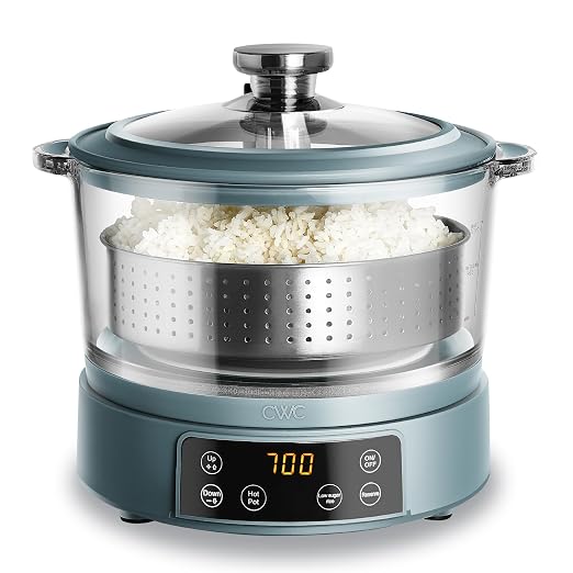 COOK WITH COLOR Glass Mini Low Carb Rice Cooker – Holds 2 Cups Raw/Makes 6 Cups Cooked with Auto Lift Filter Basket, Hotpot & Steamer for Rice, Grains, Digital Panel with Keep Warm, Slate Blue