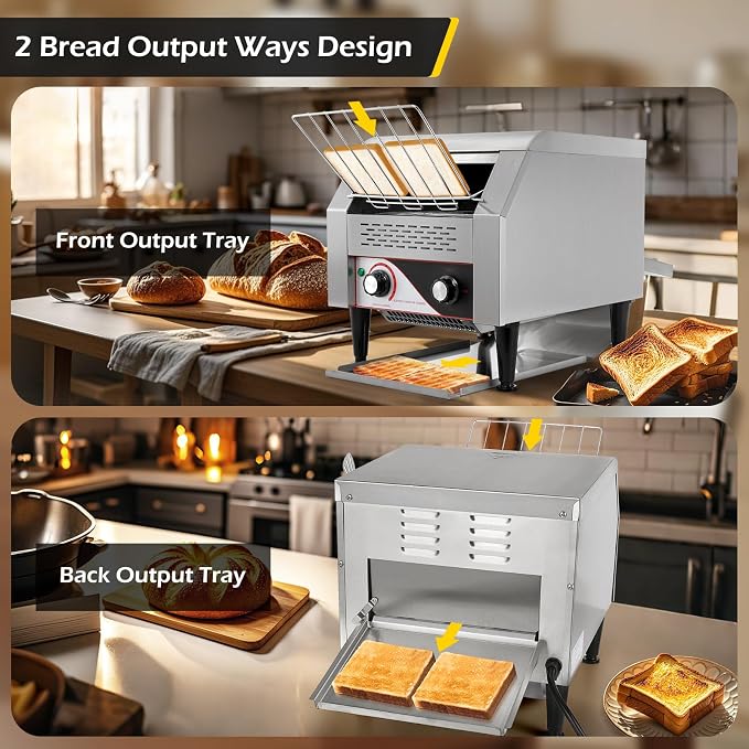 Dyna-Living Commercial Toaster 300 PCS/H Conveyor Toaster for Restaurant | 1900W Commercial Conveyor Toaster, Heavy Duty Stainless Steel Rolling Bread Toaster for Baking Bun, Bagel, Bread