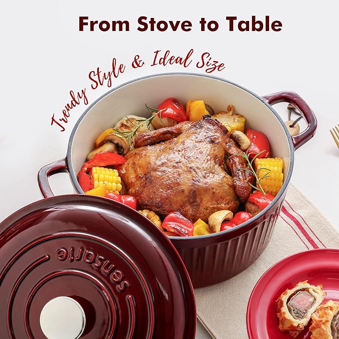 SENSARTE Enameled Cast Iron Dutch Oven Pot with Lid 3.5/5.5/6.5 Quart Heavy-Duty Round Dual Handles Kitchen Pot with Cotton Potholders & Silicone Trivet, Pot for Bread Baking, Stews, Braising, Roasting, Oven Safe, 3.5 Quart, Red